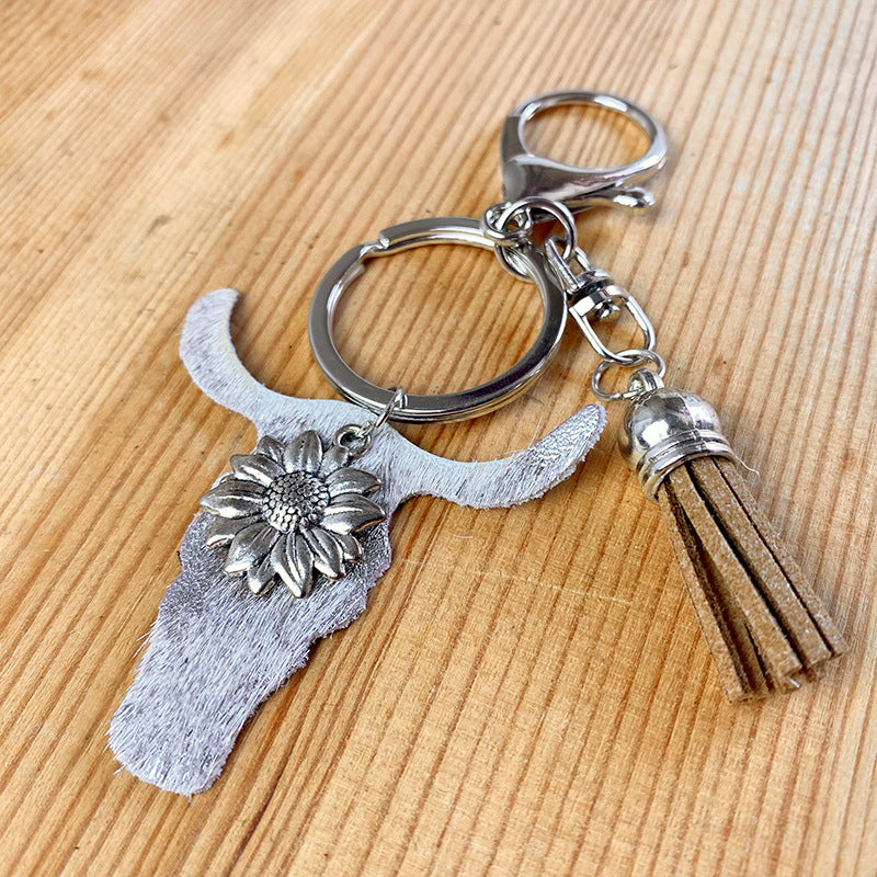 Wholesale 2pcs/pack Western Style Bull Head Cactus Leather Keychain